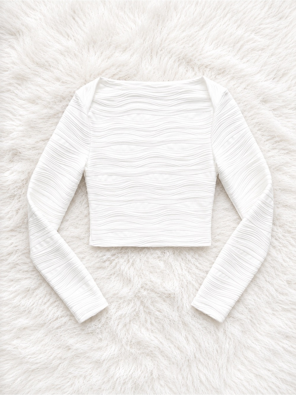 KIRUNDO White Textured Cropped Top Small | Y2K Chic Minimalist Long Sleeveless